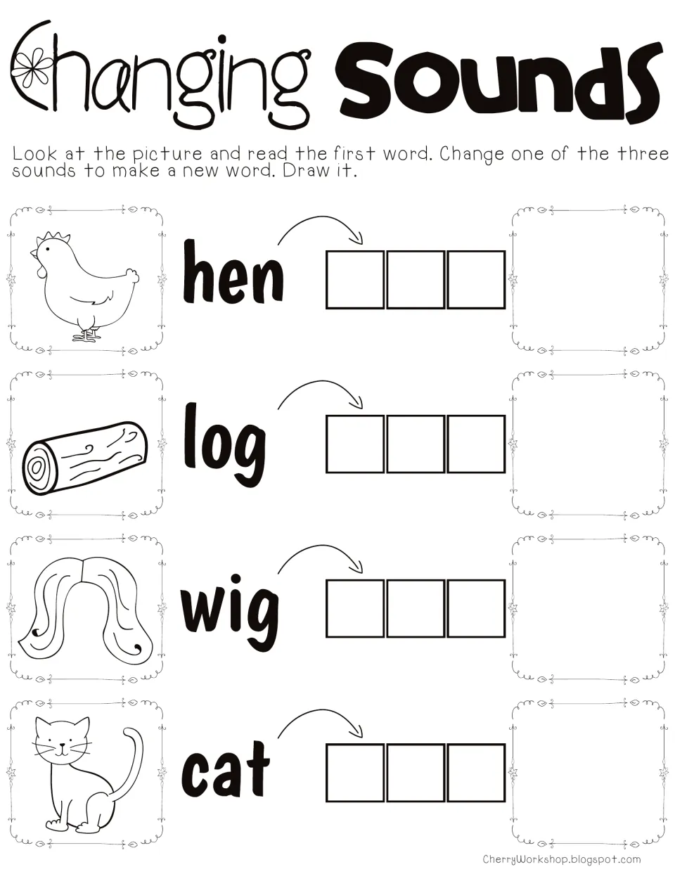 Changing Sounds: students change one sound in hen, log, wig and cat to spell a new three-letter word, then draw it