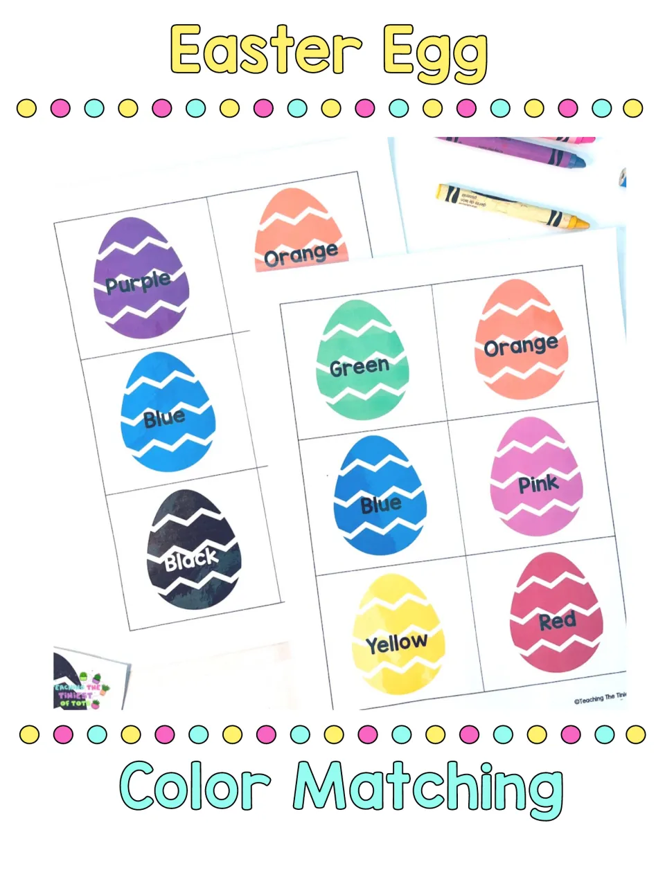 Easter Egg Color Matching cover: printed egg cards labeled Purple, Green, Red and other color words, with crayons