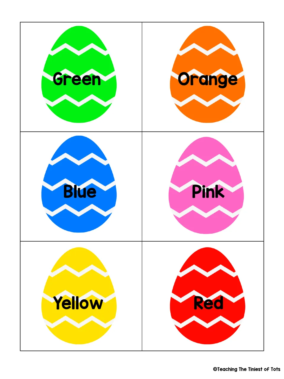 English color word egg cards: six zigzag eggs labeled Green, Orange, Blue, Pink, Yellow and Red for color-word matching