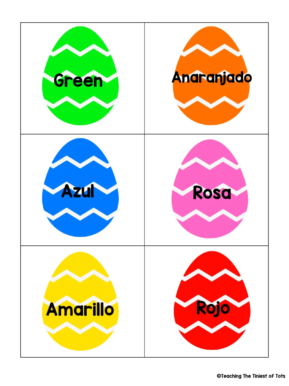 Spanish color word egg cards: six eggs labeled Green, Anaranjado, Azul, Rosa, Amarillo and Rojo for color-word matching