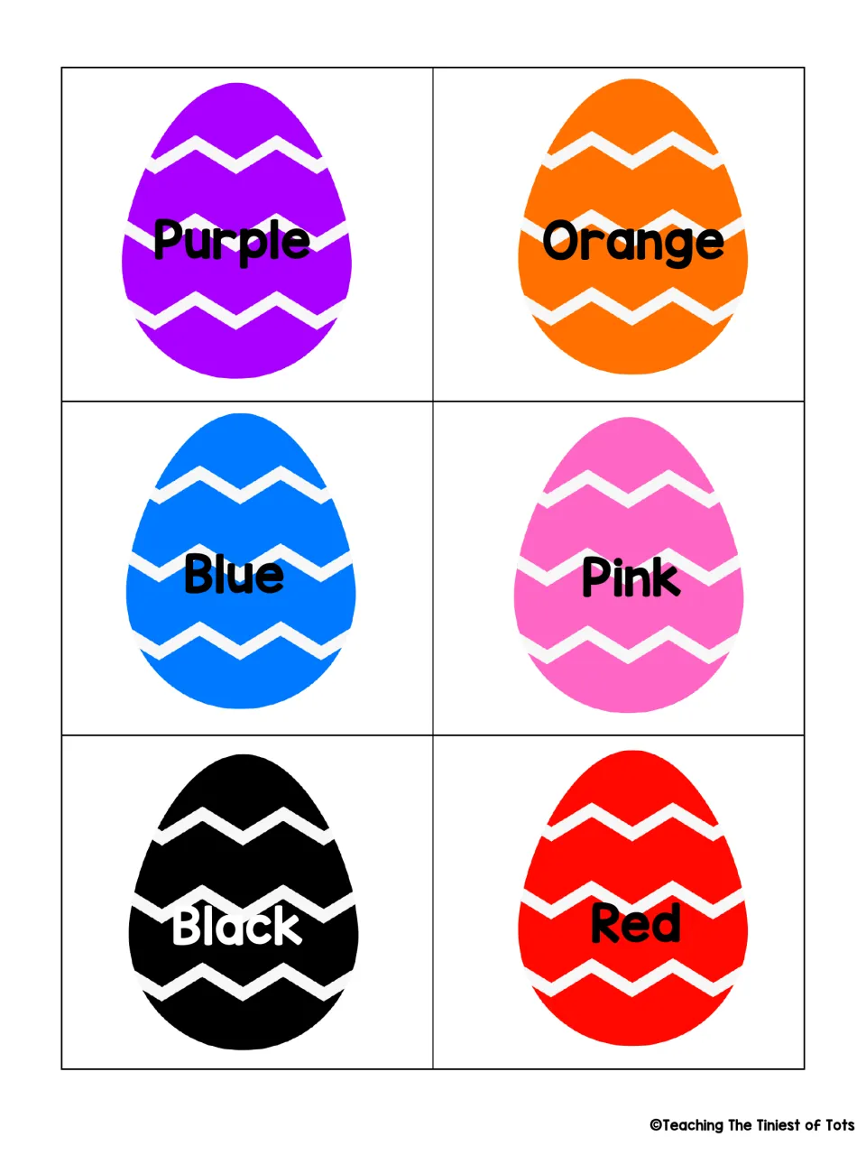 Second English egg card set: purple, orange, blue, pink, black and red eggs, each labeled with its color word