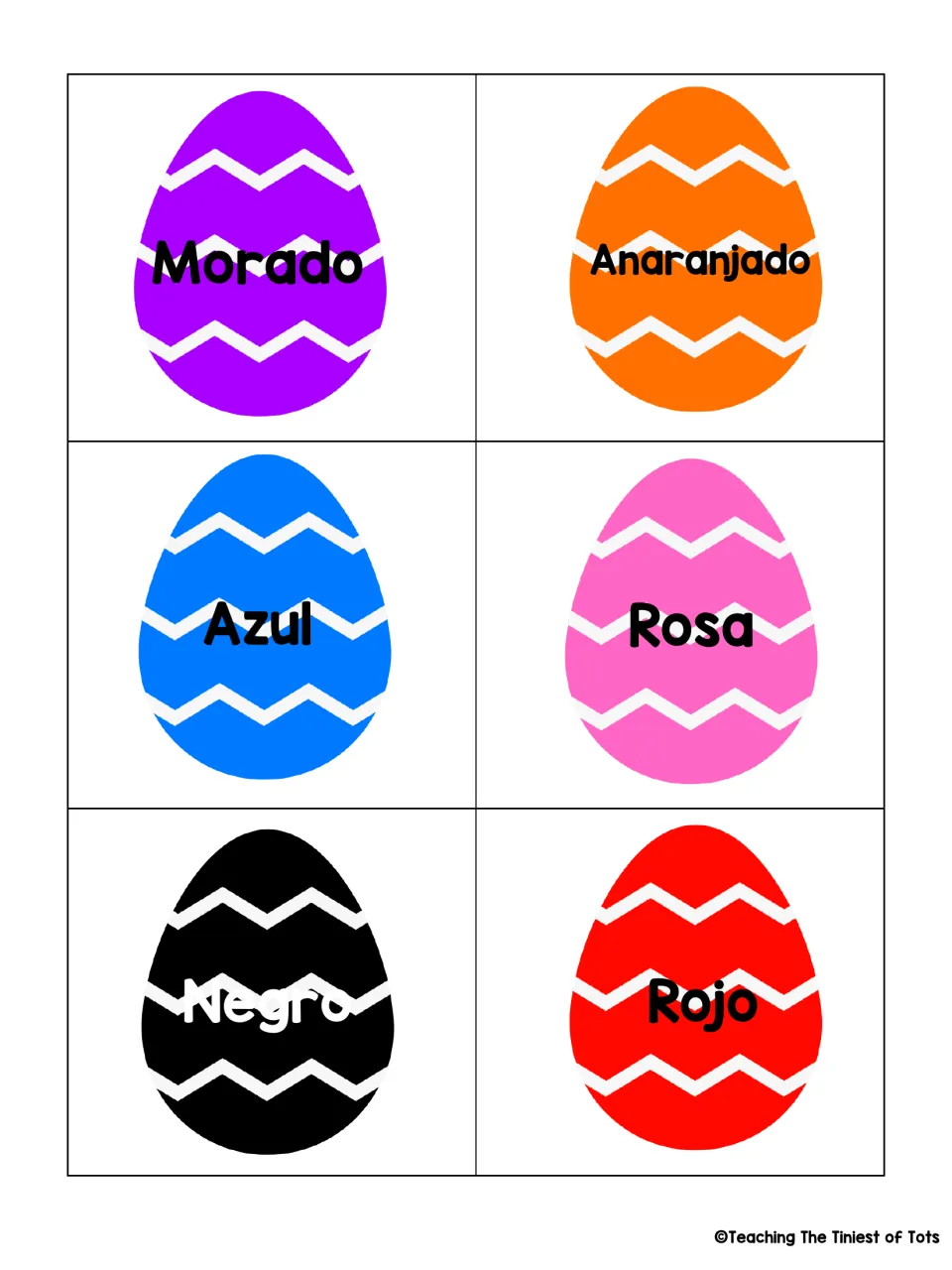Spanish egg cards set two: eggs labeled Morado, Anaranjado, Azul, Rosa, Negro and Rojo, each egg shown in its color