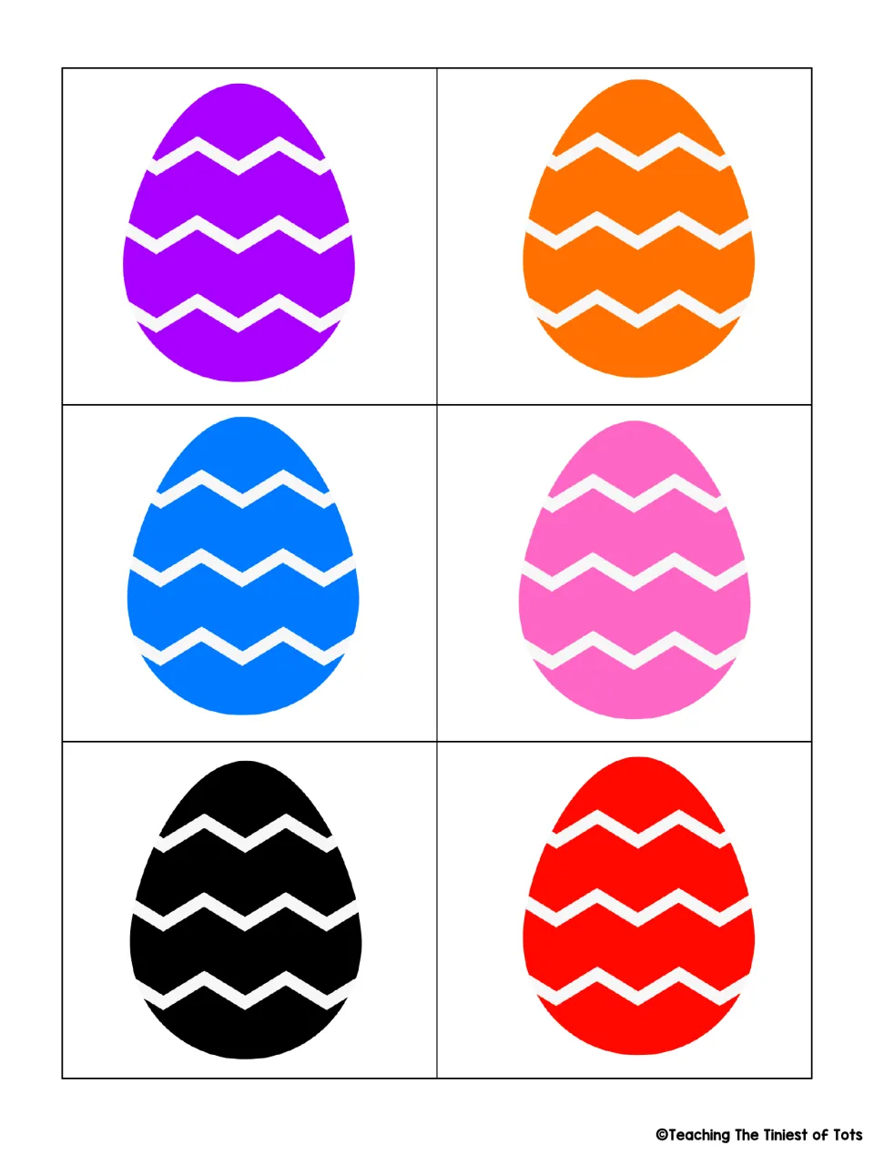 Unlabeled egg cards in purple, orange, blue, pink, black and red to match with same-color word eggs