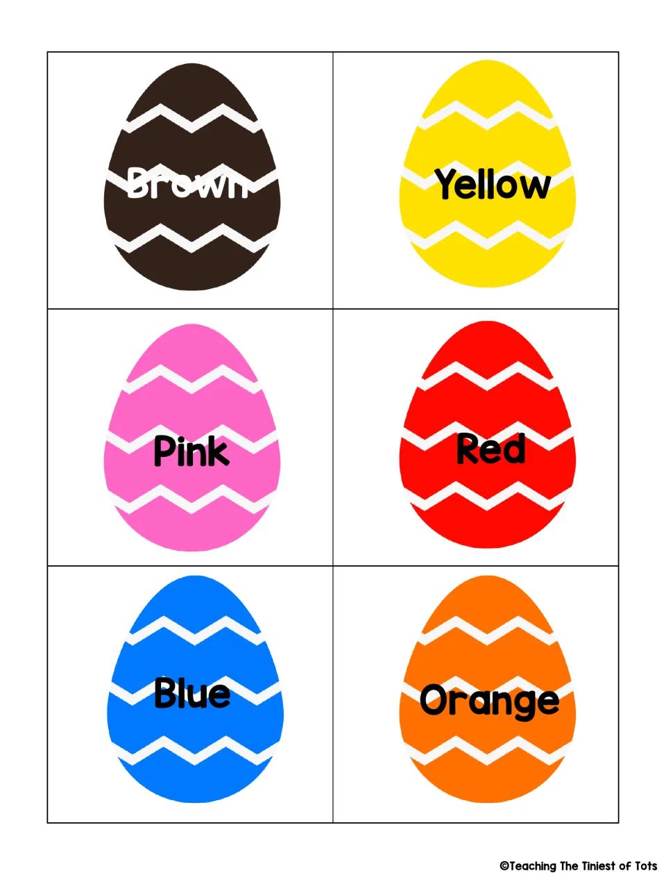Third English egg card set: eggs labeled Brown, Yellow, Pink, Red, Blue and Orange, each printed in that color