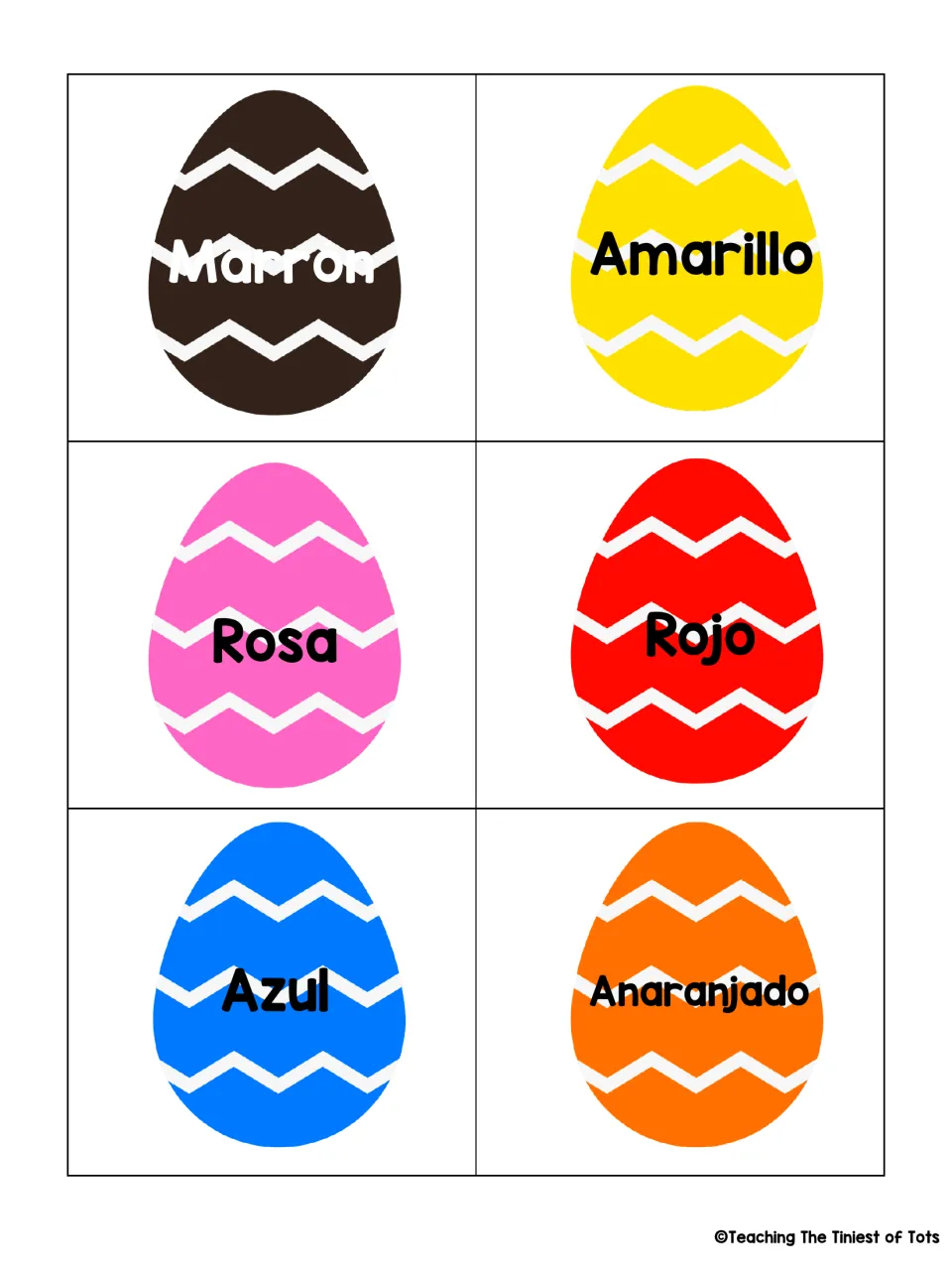 Spanish egg cards with brown: eggs labeled Marrón, Amarillo, Rosa, Rojo, Azul and Anaranjado, in matching colors