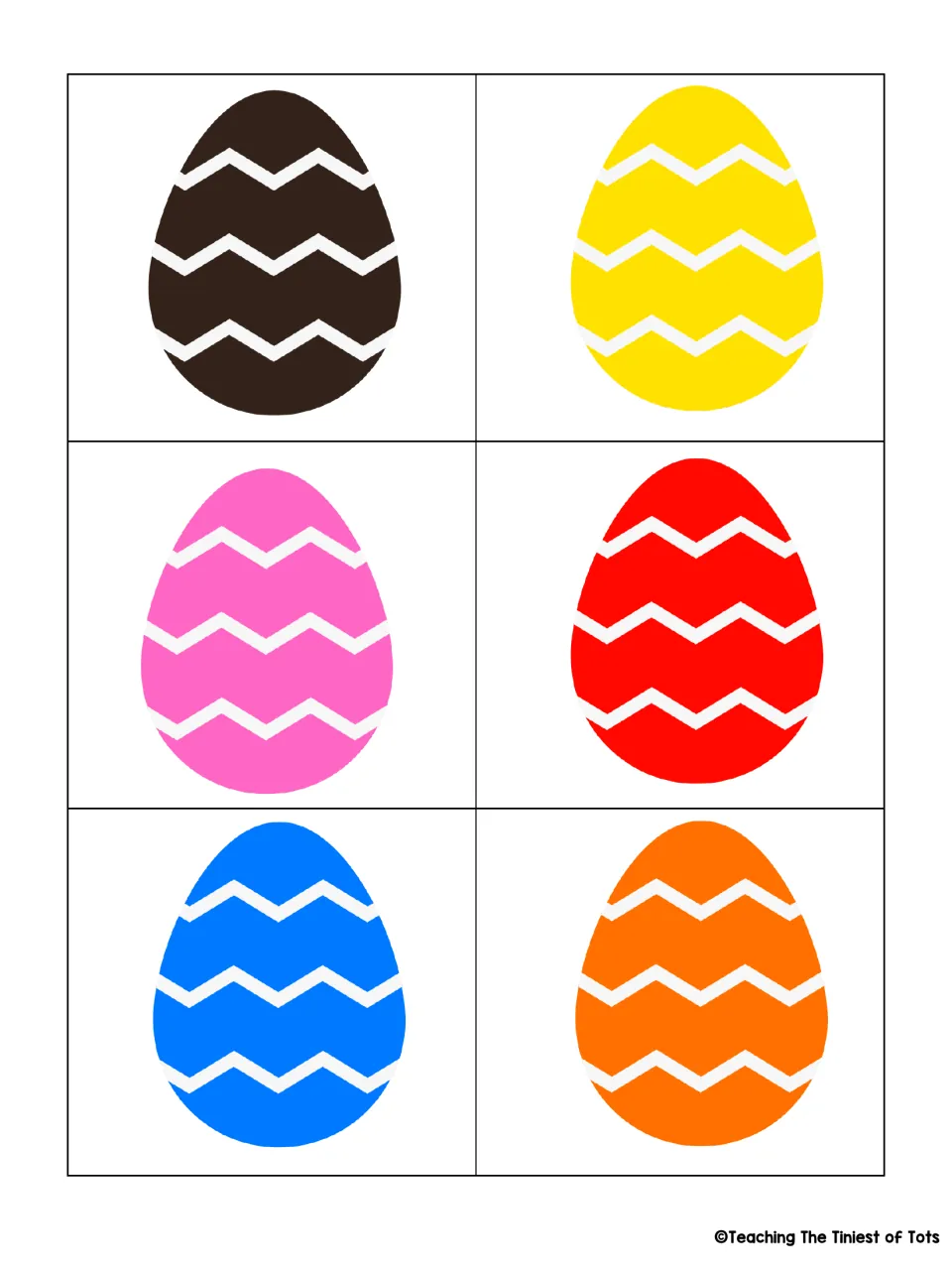 Wordless egg cards in brown, yellow, pink, red, blue and orange to pair with the third set of color-word eggs