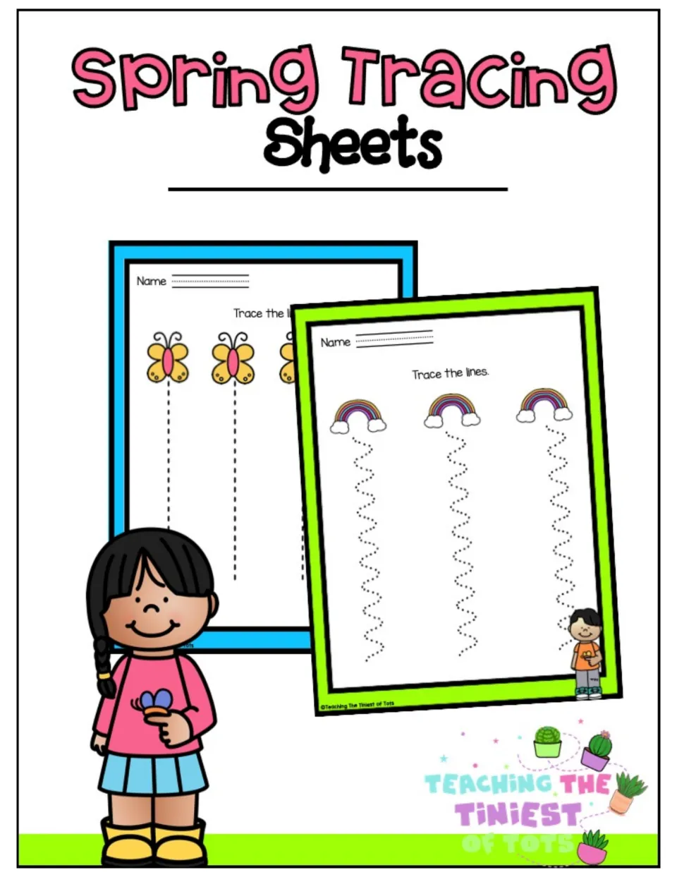 Spring Tracing Sheets cover showing pre-writing pages: butterflies over straight paths and rainbows over wavy paths