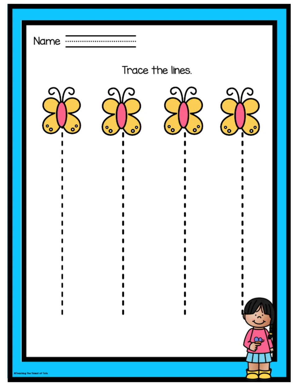 Butterfly tracing: children follow four vertical paths down from four yellow butterflies to practise straight strokes