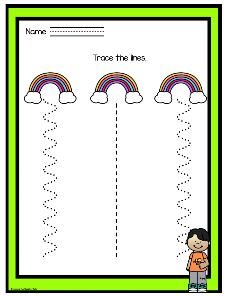 Rainbow tracing: children trace a dotted wavy path, a dashed straight path and a second wavy path below three rainbows