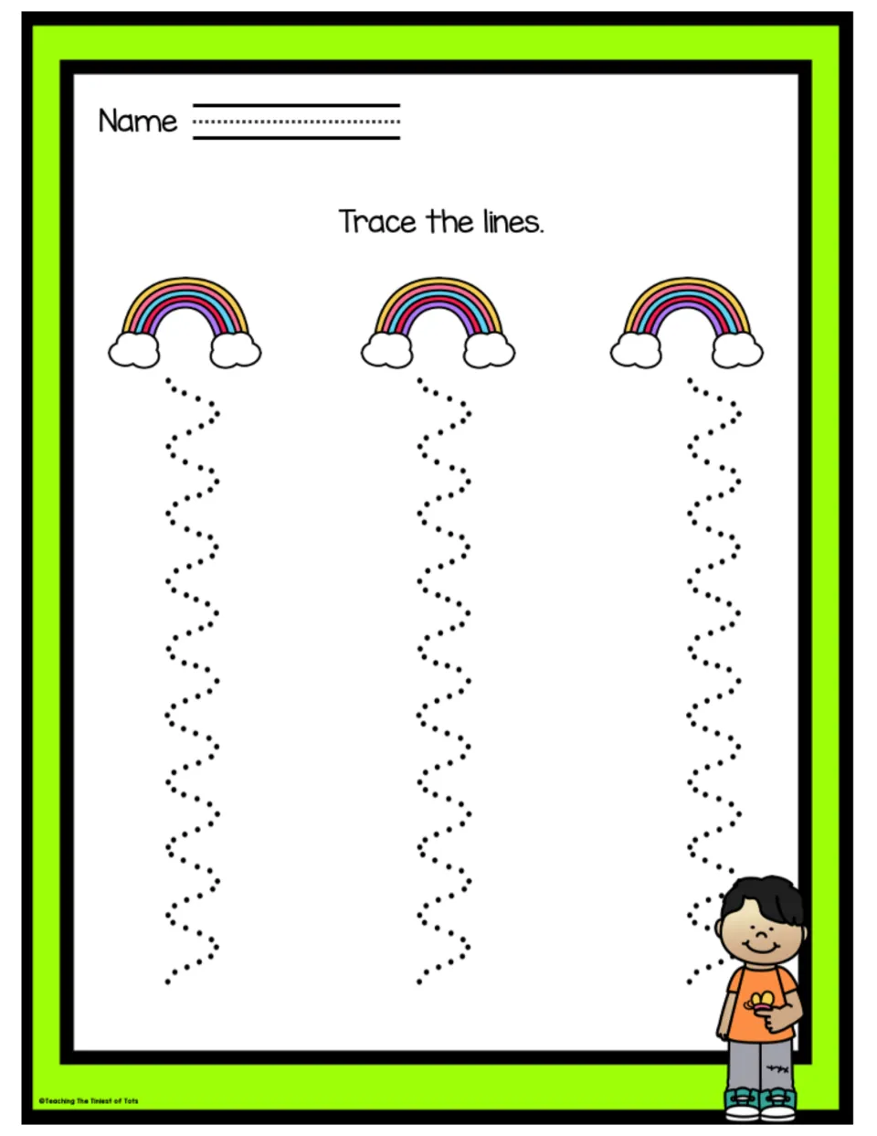 Rainbow wave practice: children follow three dotted wavy paths that hang below three rainbows with a pencil or crayon