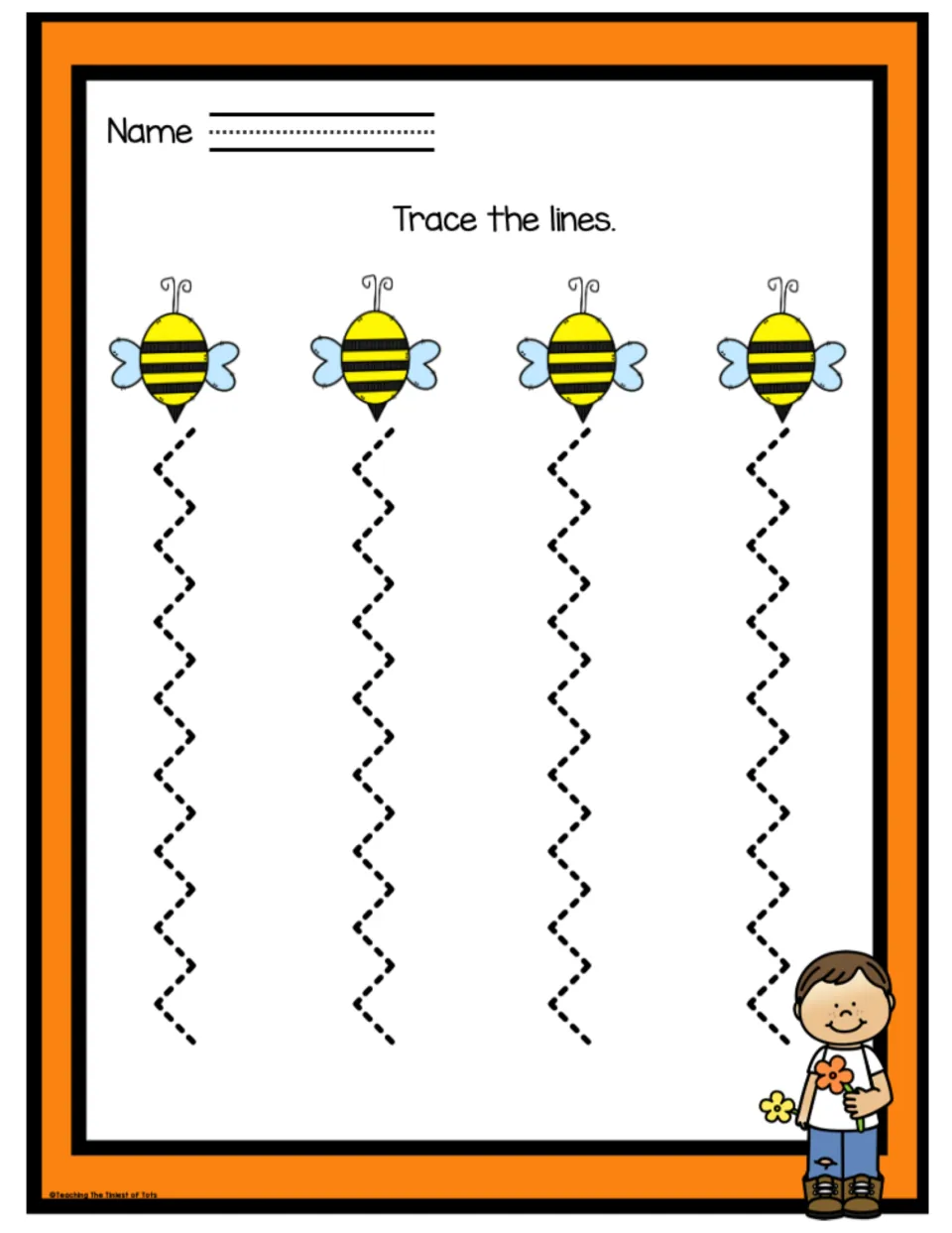 Bee zigzag tracing: children follow four dashed zigzag paths down from four striped bees to practise diagonal strokes