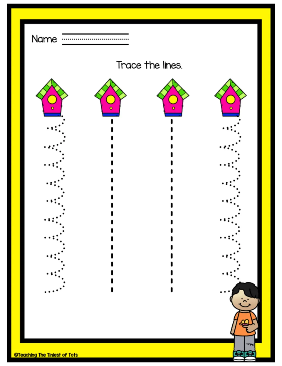 Birdhouse tracing: children follow two dotted scalloped paths and two straight dashed paths down from four birdhouses