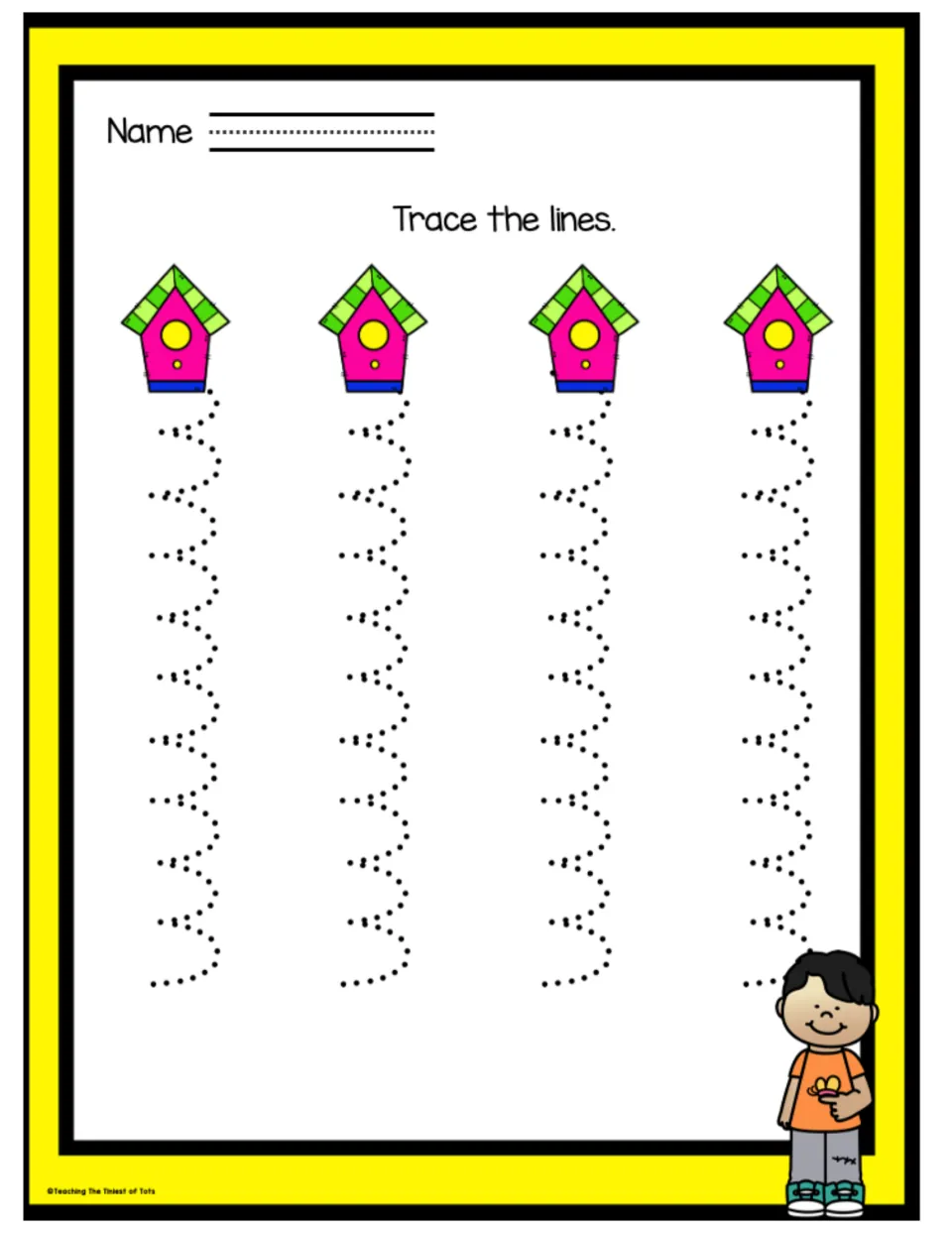 Birdhouse scallop practice: children trace four dotted scalloped curves running down from four pink birdhouses