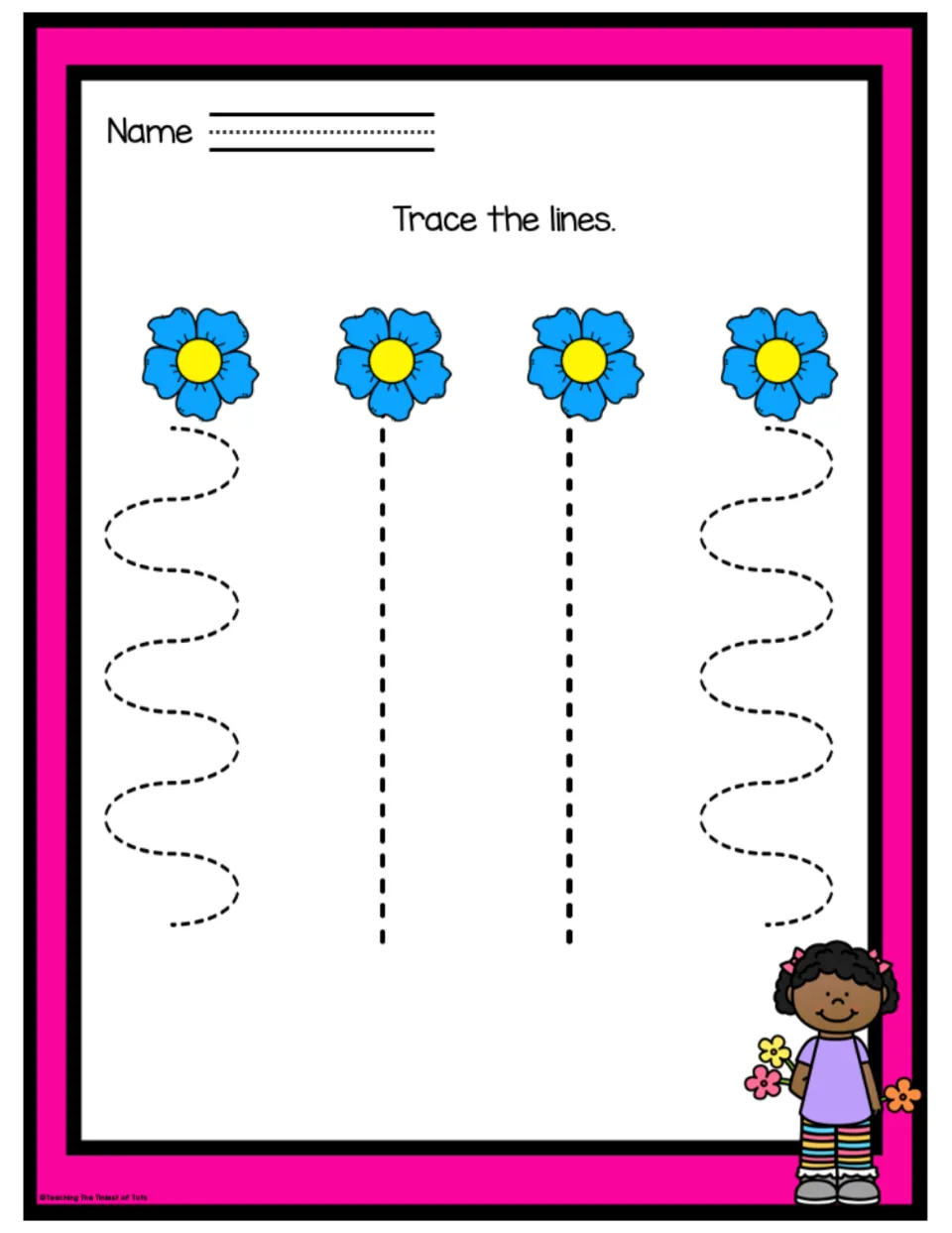 Blue flower tracing: children follow two dashed S-curve paths on the sides and two straight paths below four flowers