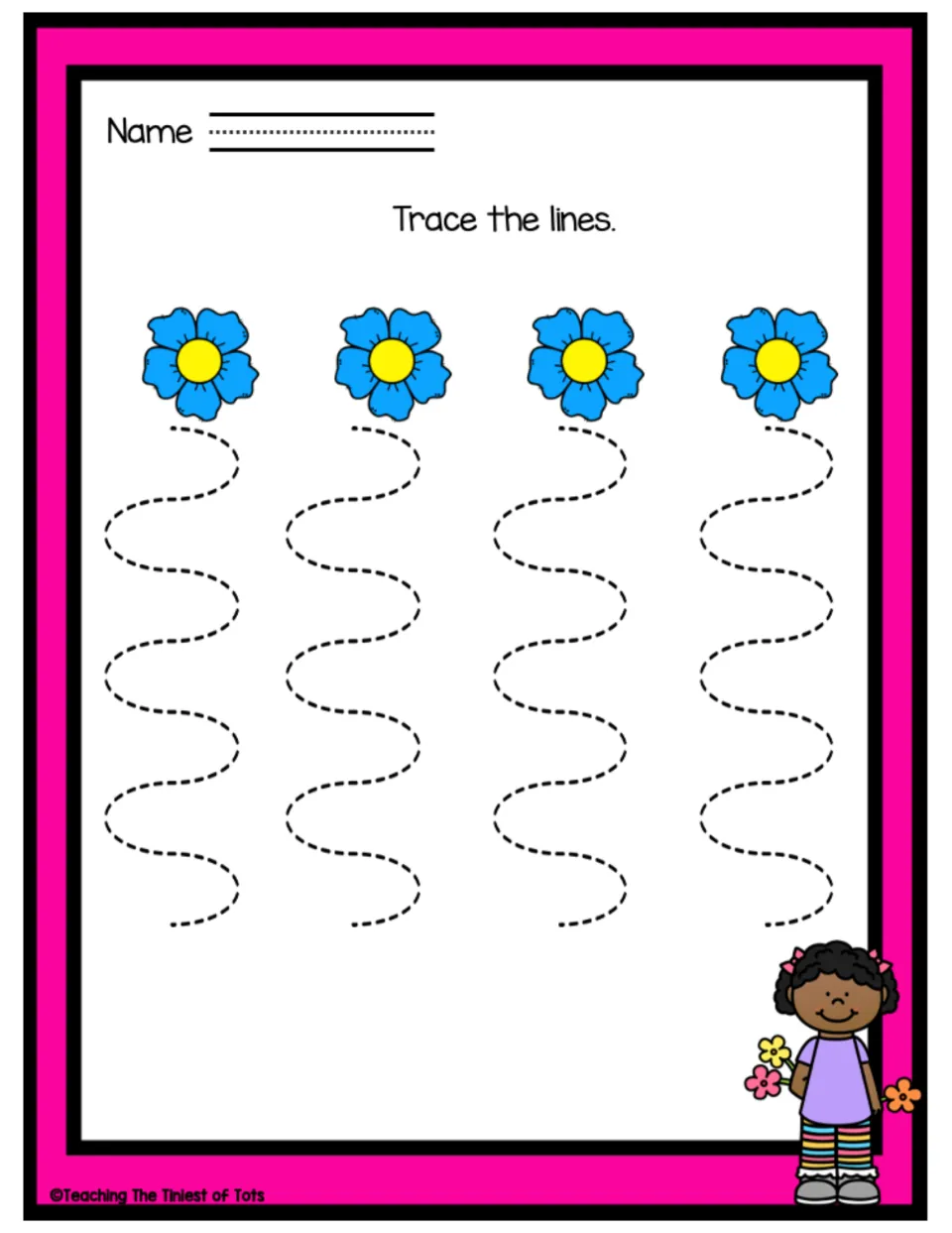 Blue flower curves: children trace four large dashed S-curve paths that wind down from four blue flowers