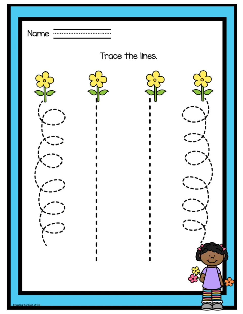 Yellow flower loop tracing: children follow two looping paths on the sides and two straight paths from four flowers