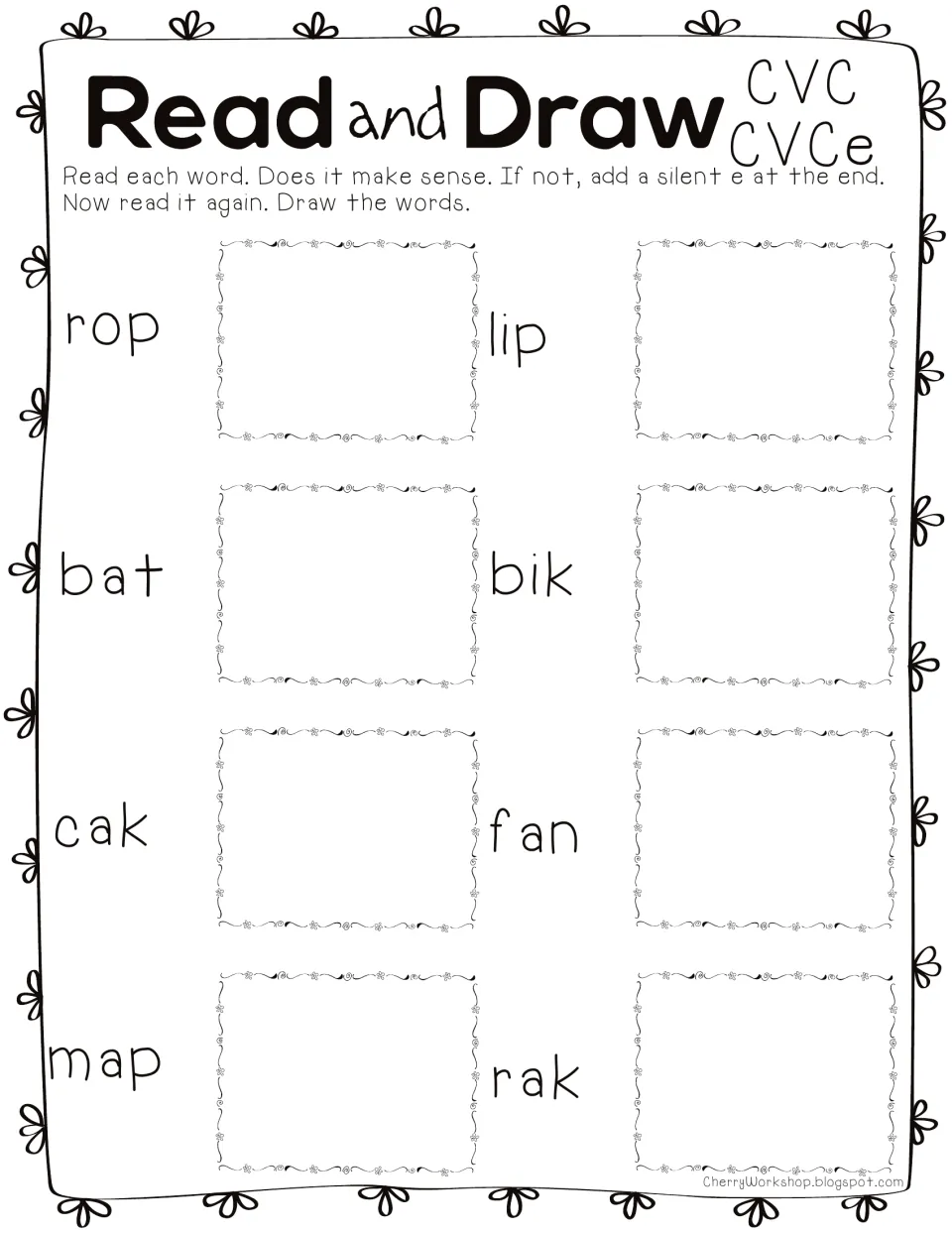 CVC and CVCe words: students read 8 words like rop, cak and bik, add a silent e if needed, then draw each word