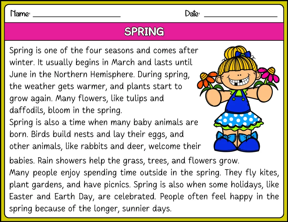 Spring reading passage in color: students read about spring weather, blooming flowers, baby animals, Easter and Earth Day