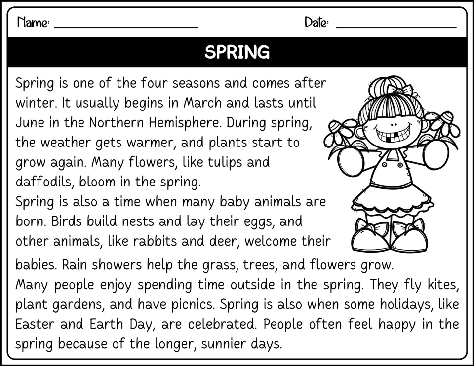 Black-and-white Spring passage: students read about the season's weather, flowers, baby animals and outdoor activities