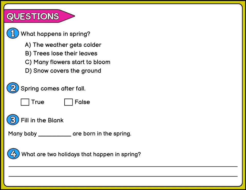 Spring comprehension questions 1-4: multiple choice, true or false, fill in the blank and short answer on holidays