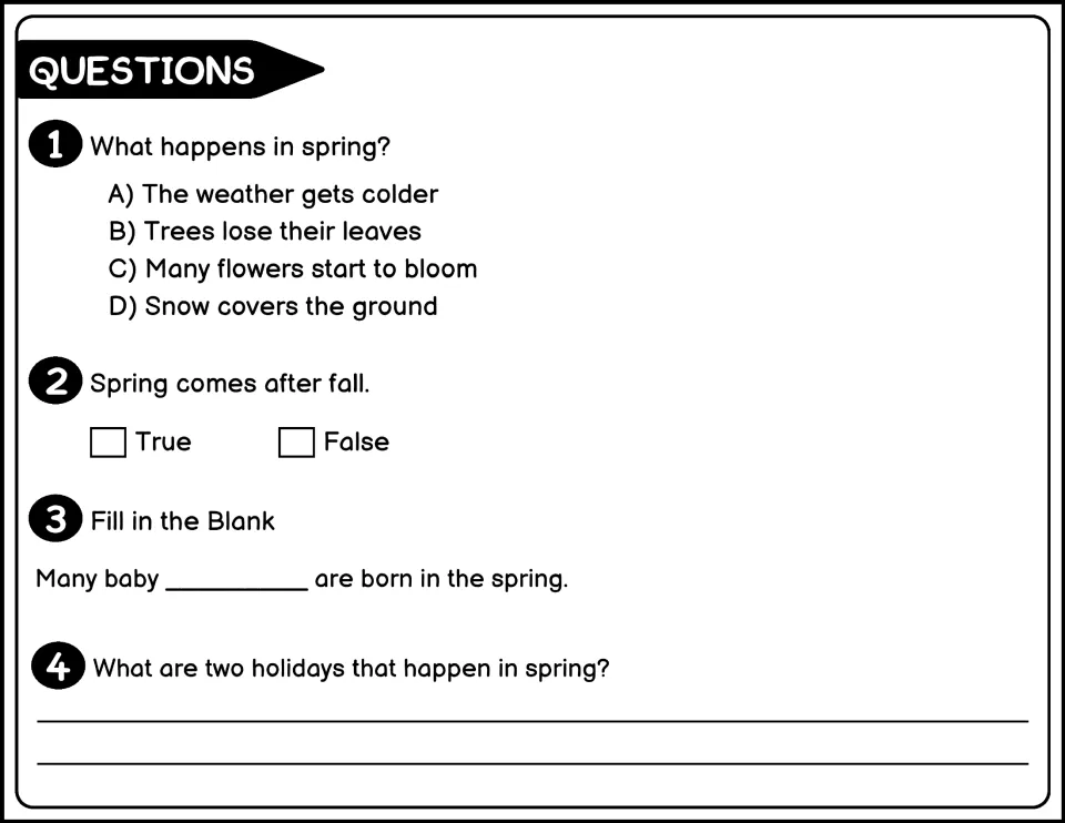 Black-and-white questions 1-4: choose what happens in spring, true or false, fill in baby animals, name two holidays