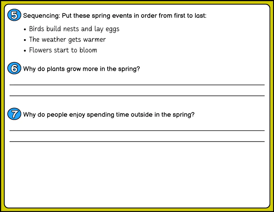 Spring questions 5-7: students sequence spring events, then explain why plants grow and why people enjoy the outdoors