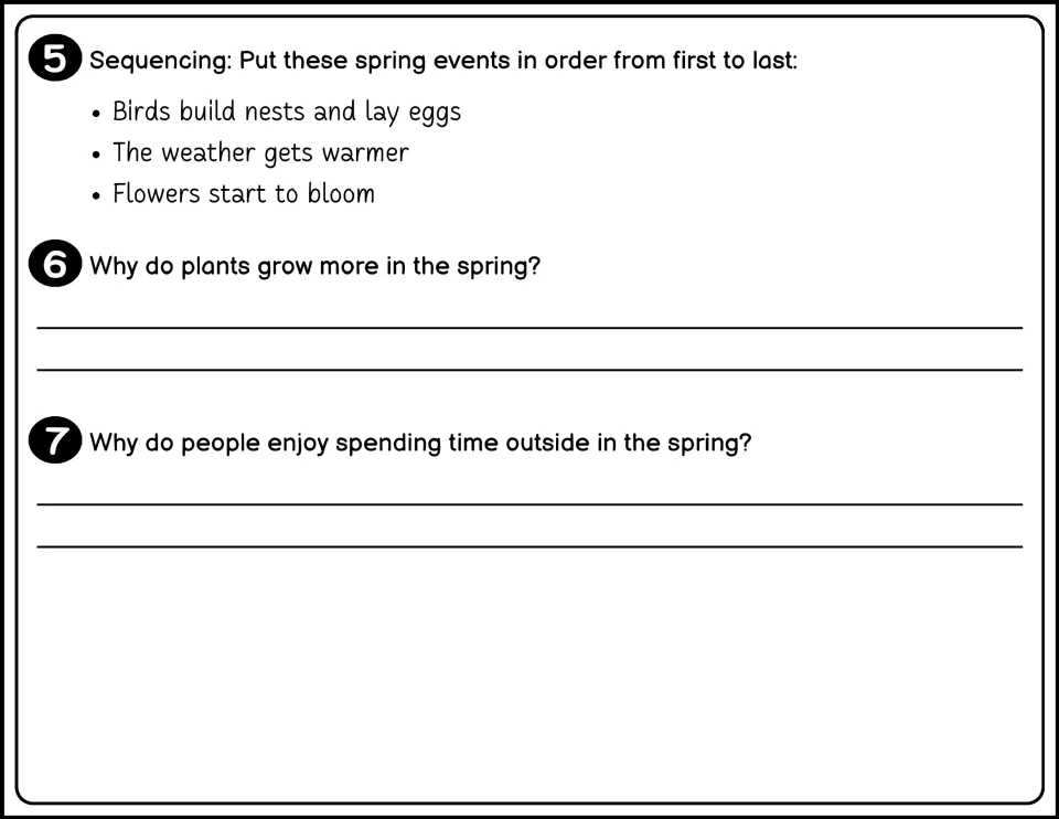 Black-and-white questions 5-7: sequencing warmer weather, blooming and nesting, plus two short-answer why questions