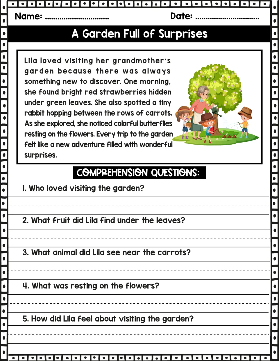 A Garden Full of Surprises reading passage and five questions about Lila's discoveries in her grandmother's garden
