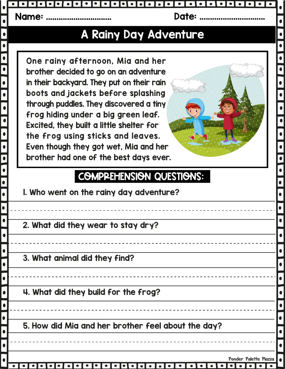A Rainy Day Adventure reading passage and five questions about Mia, her brother, and a frog in their backyard