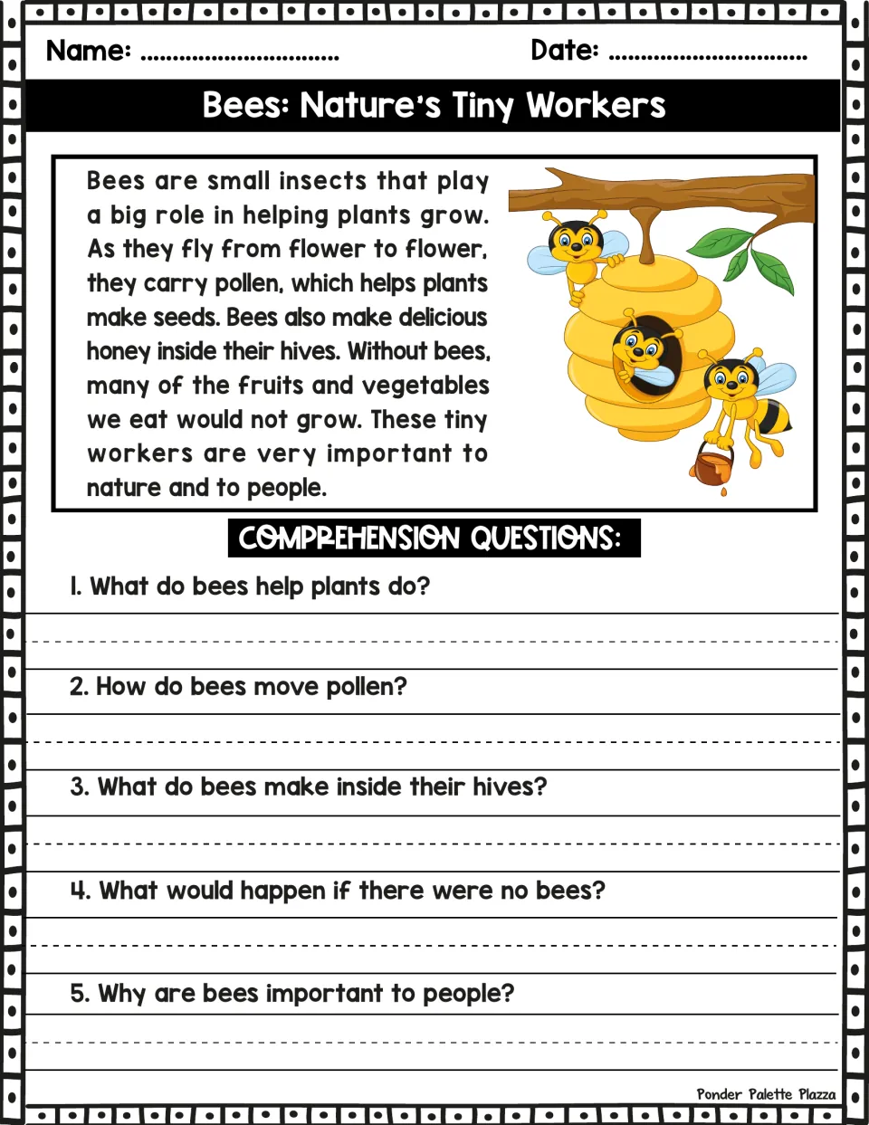 Bees: Nature’s Tiny Workers reading passage and five questions about pollen, honey, and how bees help plants