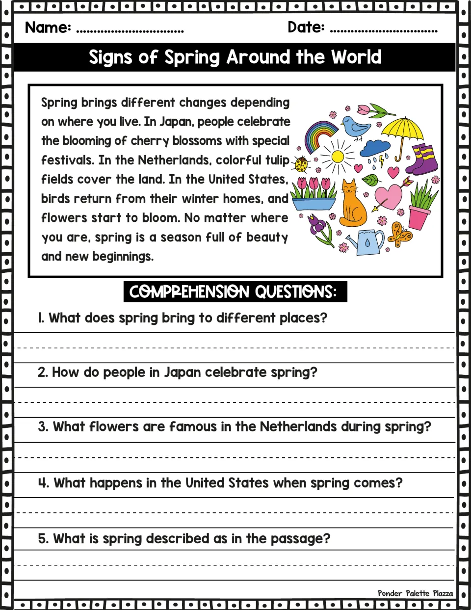 Signs of Spring Around the World passage and five questions about Japan, the Netherlands, and the United States