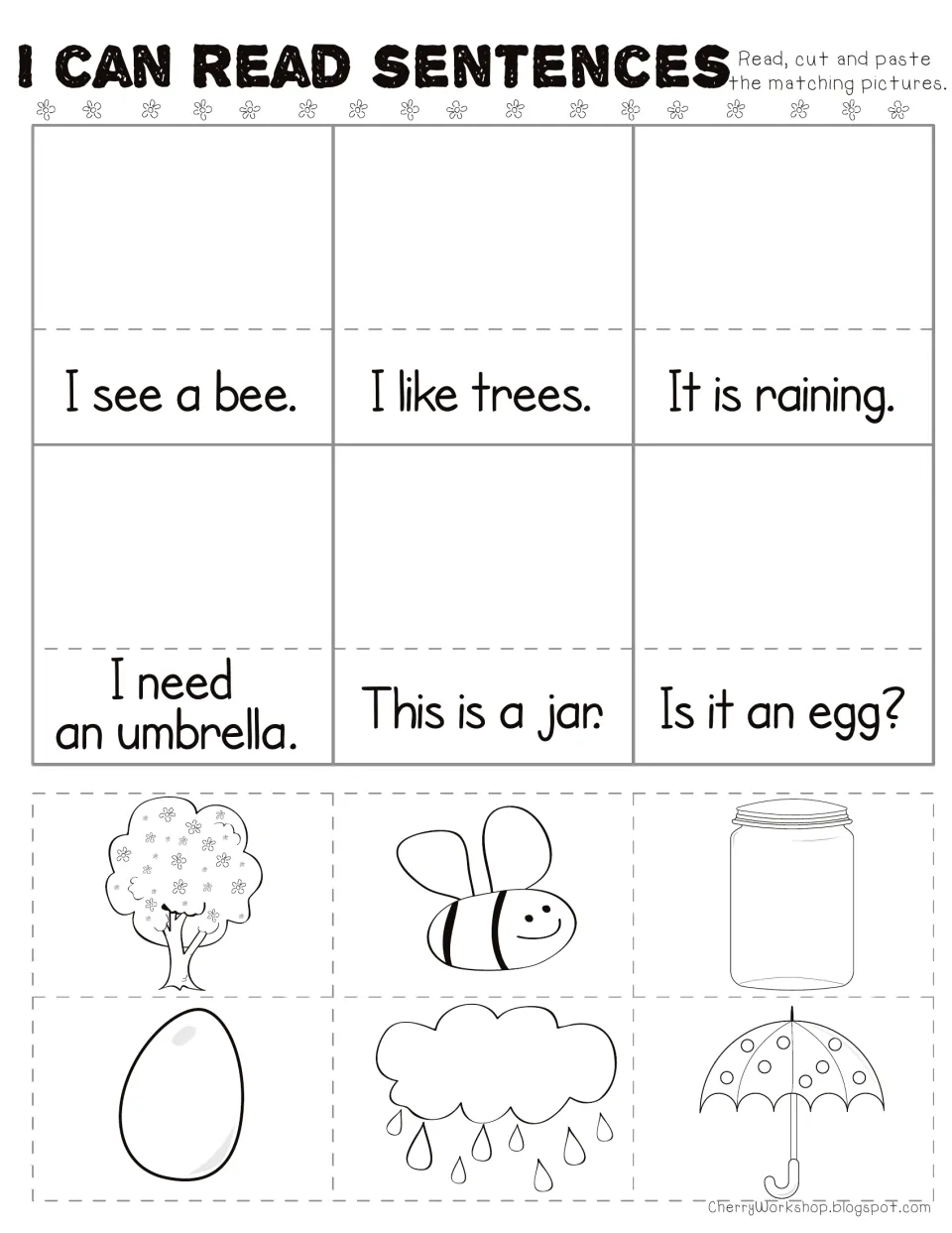 I Can Read Sentences: students read six sentences, then cut and paste matching pictures such as a bee, jar or umbrella