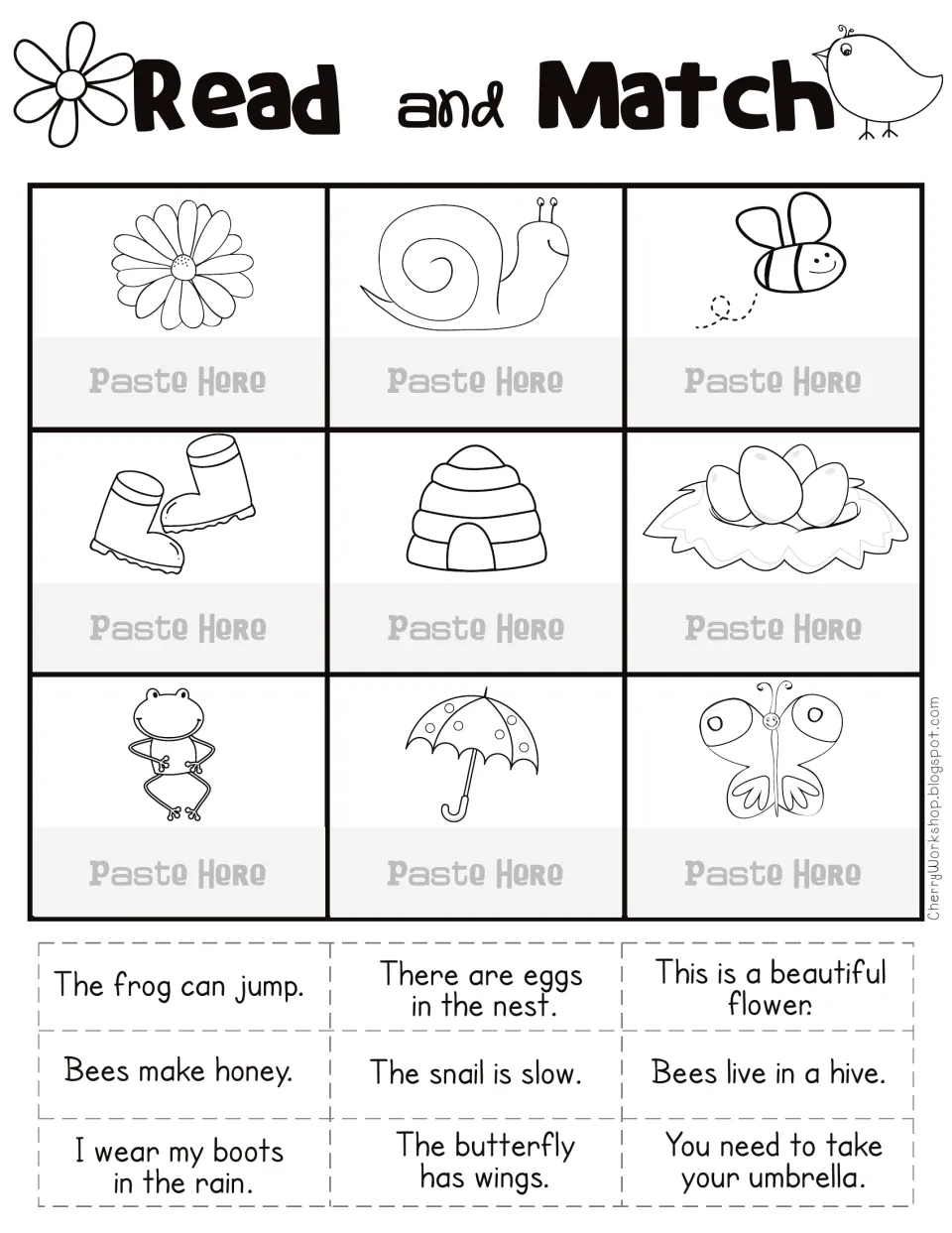 Read and Match: students cut out nine sentence strips and paste each under its picture, such as frog, snail, hive or boots