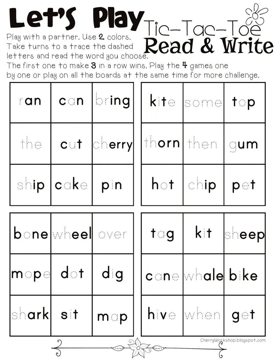 Reading tic-tac-toe game sheet: four games with words such as ran, kite, bone, and sheep to trace and read.