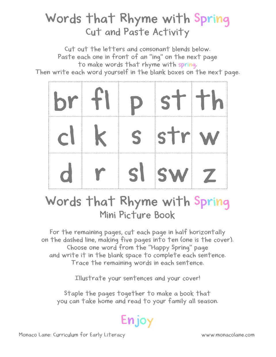Rhyming with spring: directions plus 15 cut-out tiles (br, fl, st, str, sw, k, z and more) to paste before -ing
