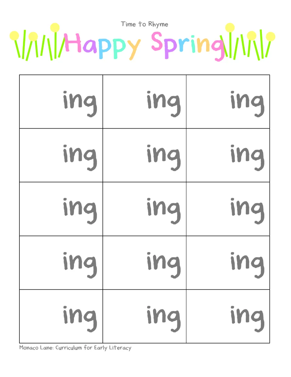 Happy Spring -ing mat: students paste a letter or blend tile before each of 15 -ing endings to build words that rhyme