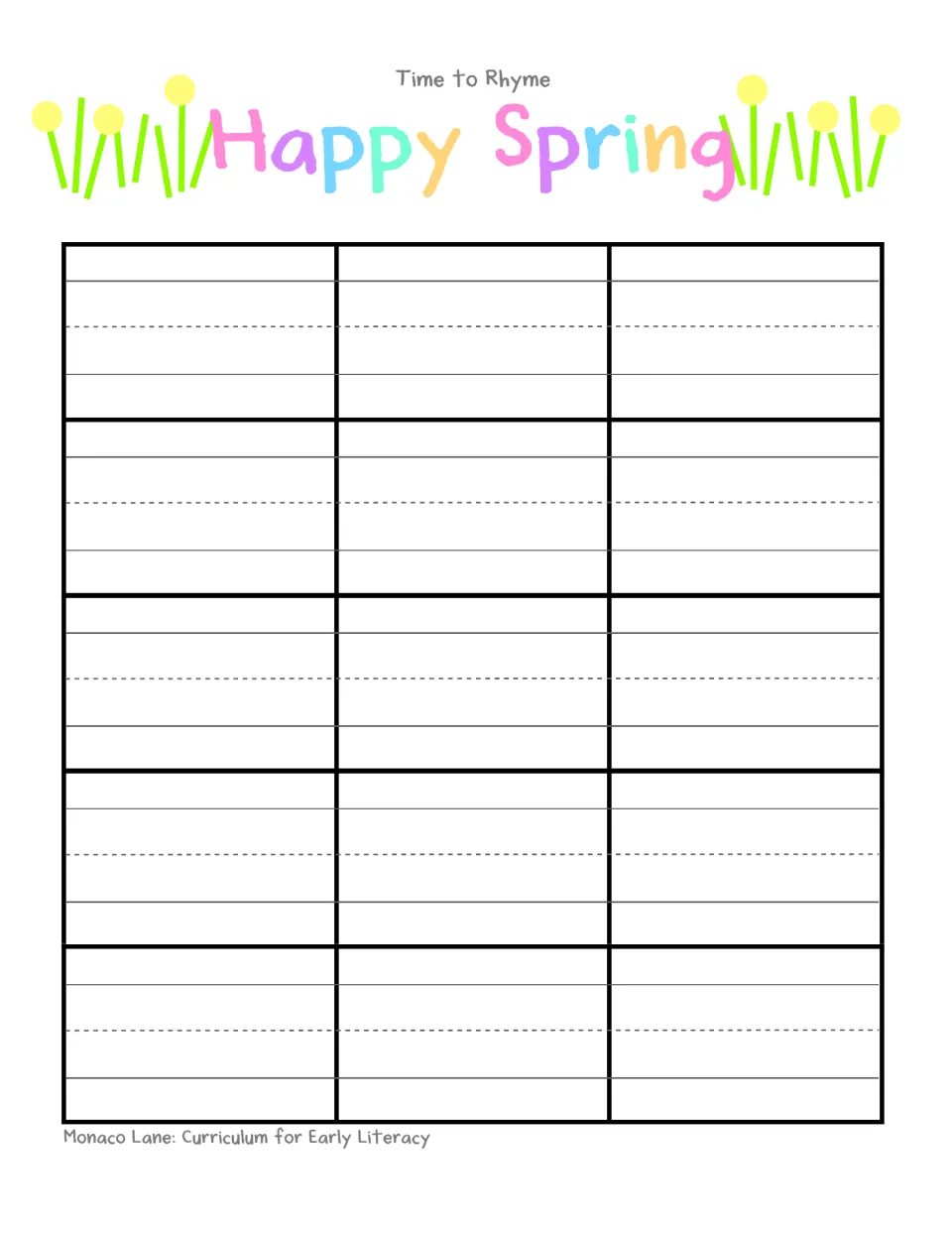 Happy Spring writing page: students copy each -ing rhyming word they built into 15 blank handwriting spaces