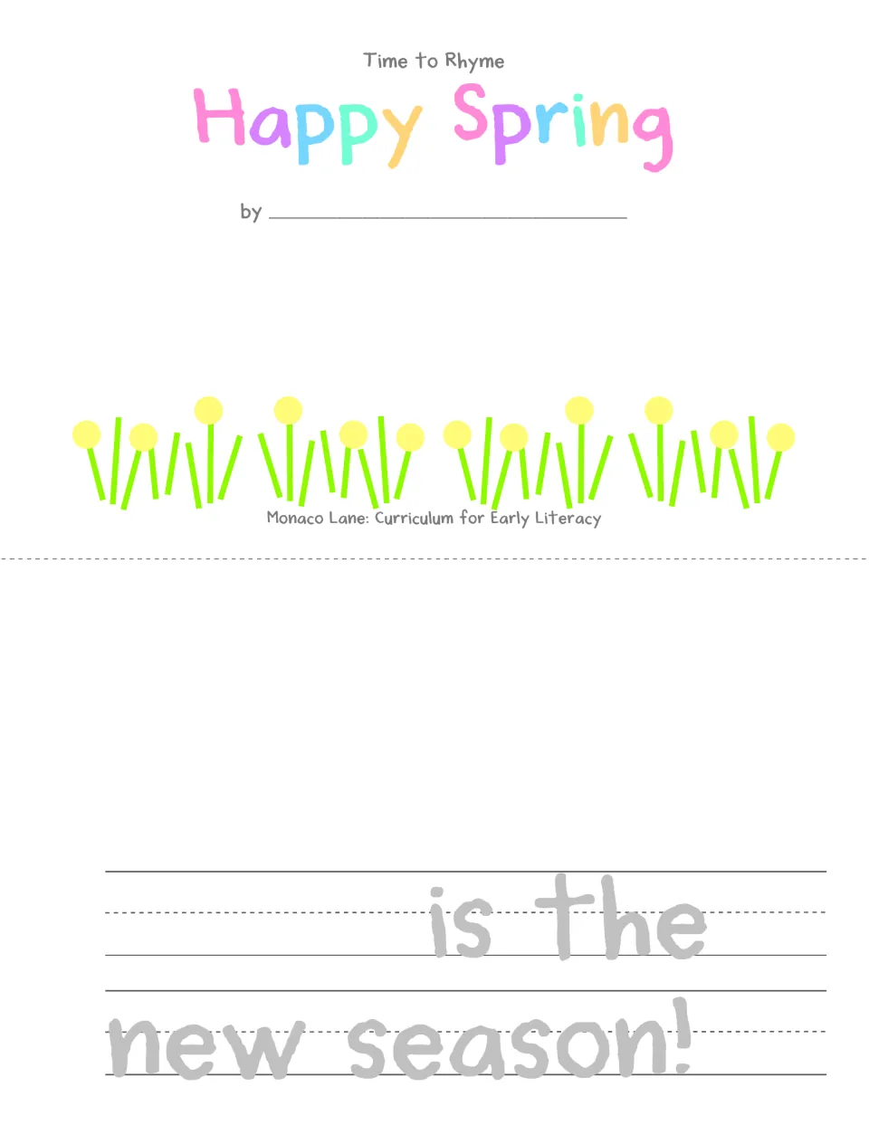 Mini book cover 'Happy Spring' with a by line for the author, plus a page to trace '___ is the new season!'