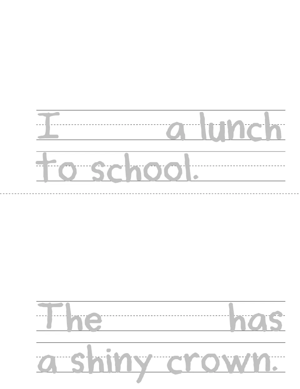 Mini book pages: trace and fill in an -ing word in 'I ___ a lunch to school.' and 'The ___ has a shiny crown.'