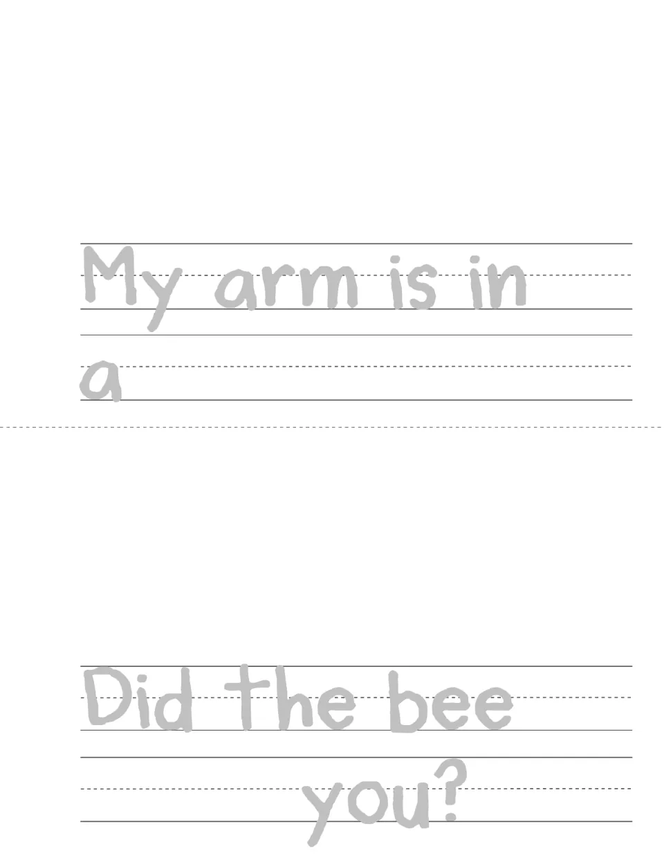 Mini book pages: write the missing -ing word in 'My arm is in a ___' and 'Did the bee ___ you?' then trace the rest