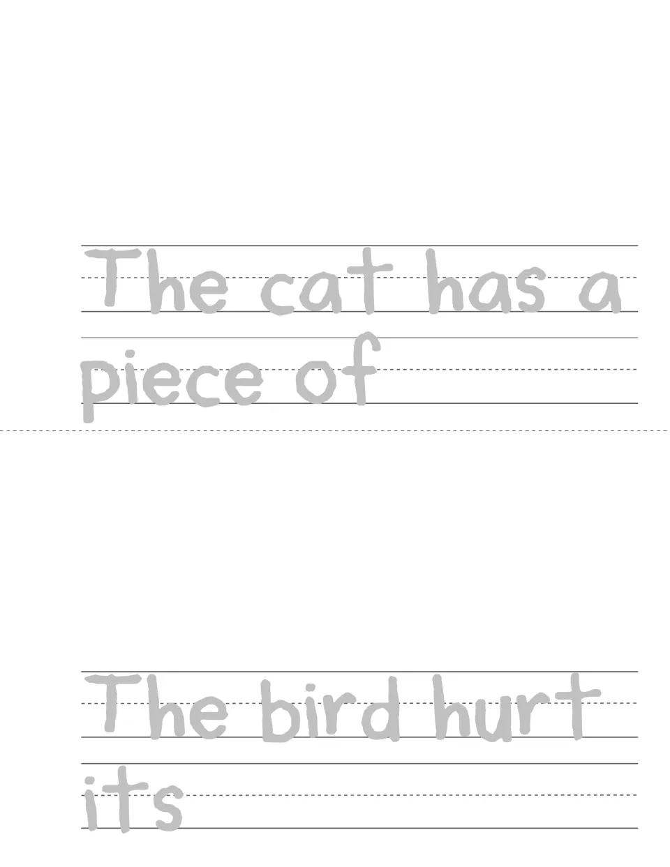 Mini book pages: finish 'The cat has a piece of ___' and 'The bird hurt its ___' using a word from the -ing list