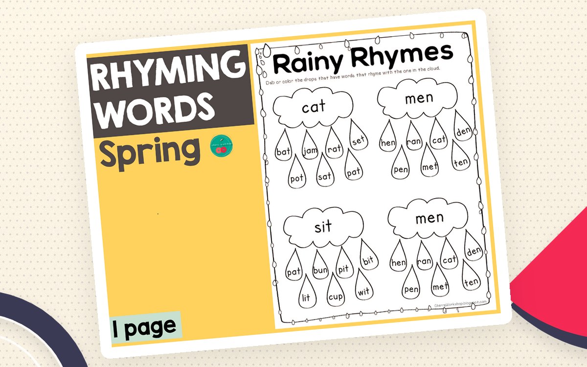 Spring Rhyming Words worksheet with cloud target words and raindrop word choices
