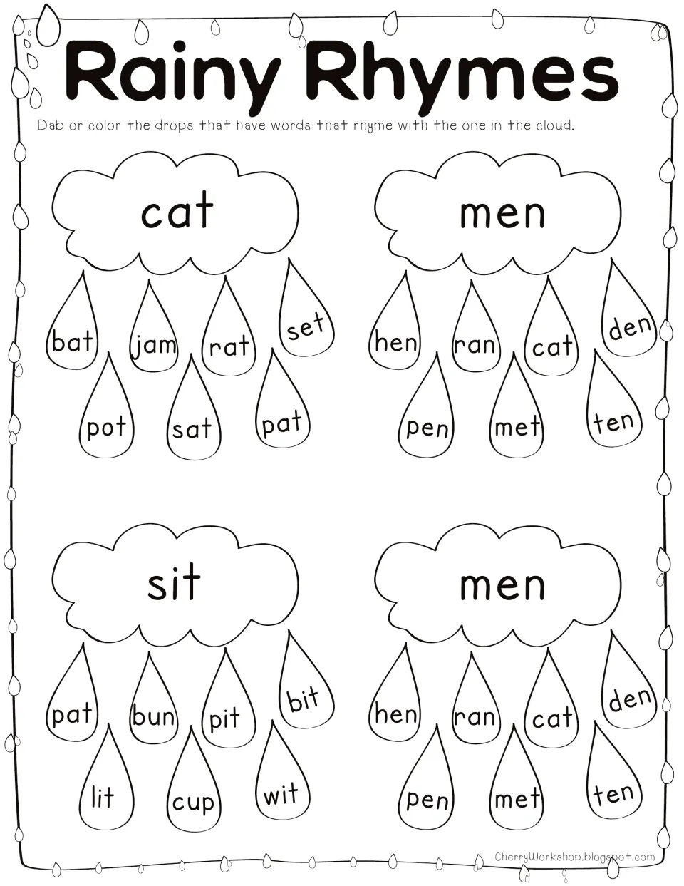 Rainy Rhymes: students dab or color the raindrops whose words rhyme with cat, men or sit shown in each cloud