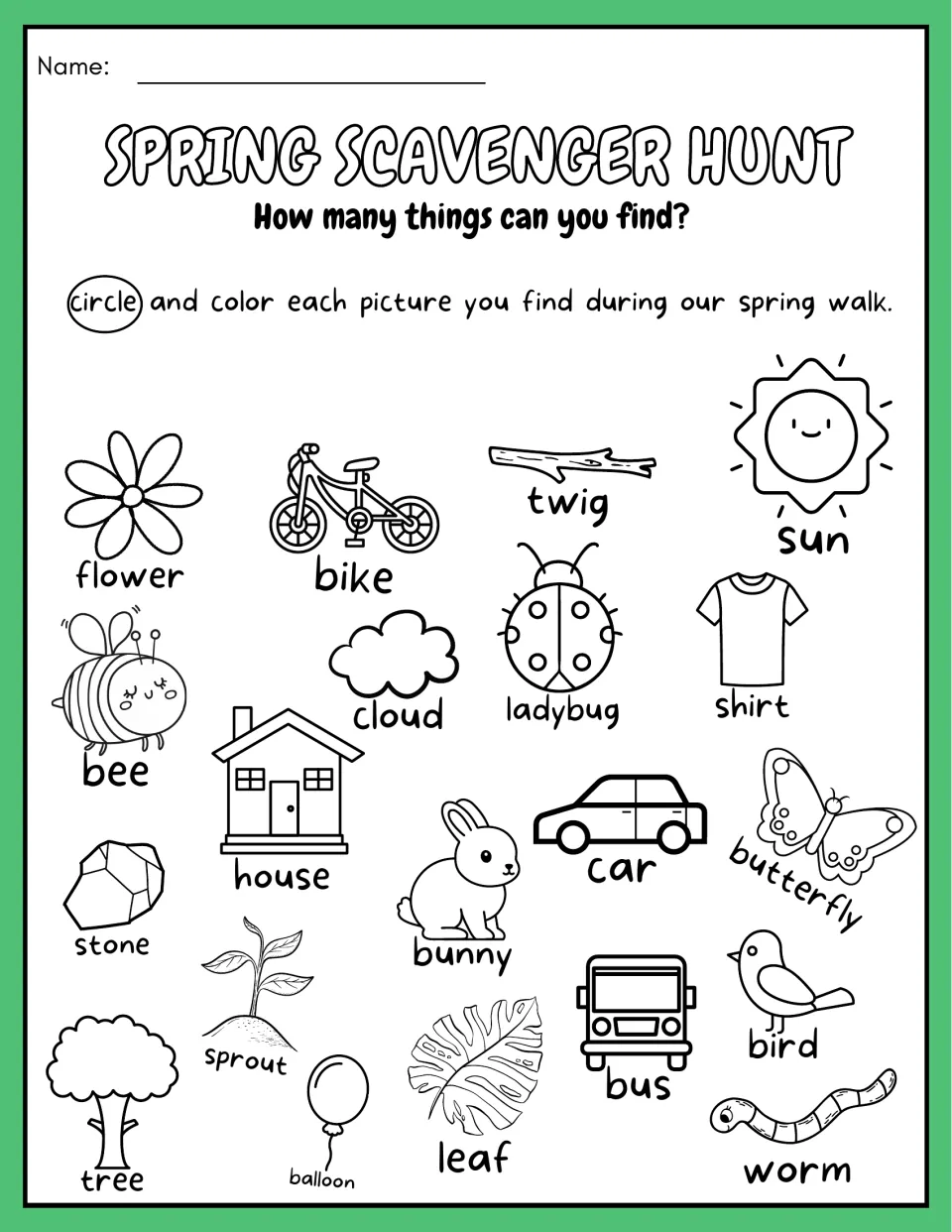 Spring walk picture hunt: students circle and color each of 20 labeled items they find, such as bee, twig, sprout and worm