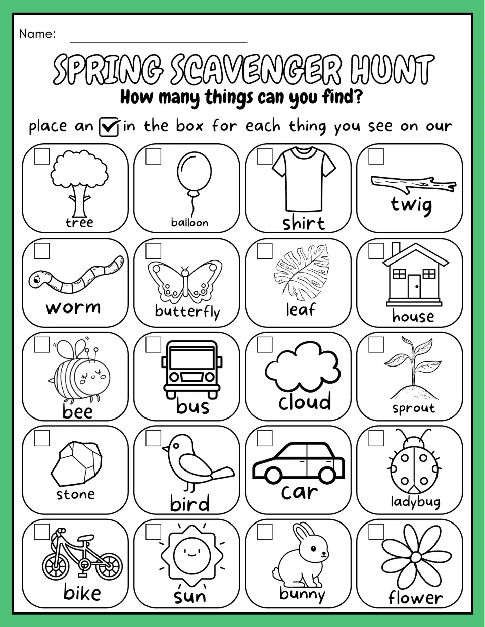 Nature walk checklist: students tick off each of 20 labeled pictures they spot, from tree and balloon to bunny and flower