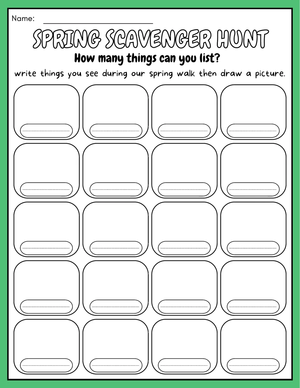 Draw-and-label observation sheet: students write each thing they see on the spring walk, then draw a picture in 20 spaces