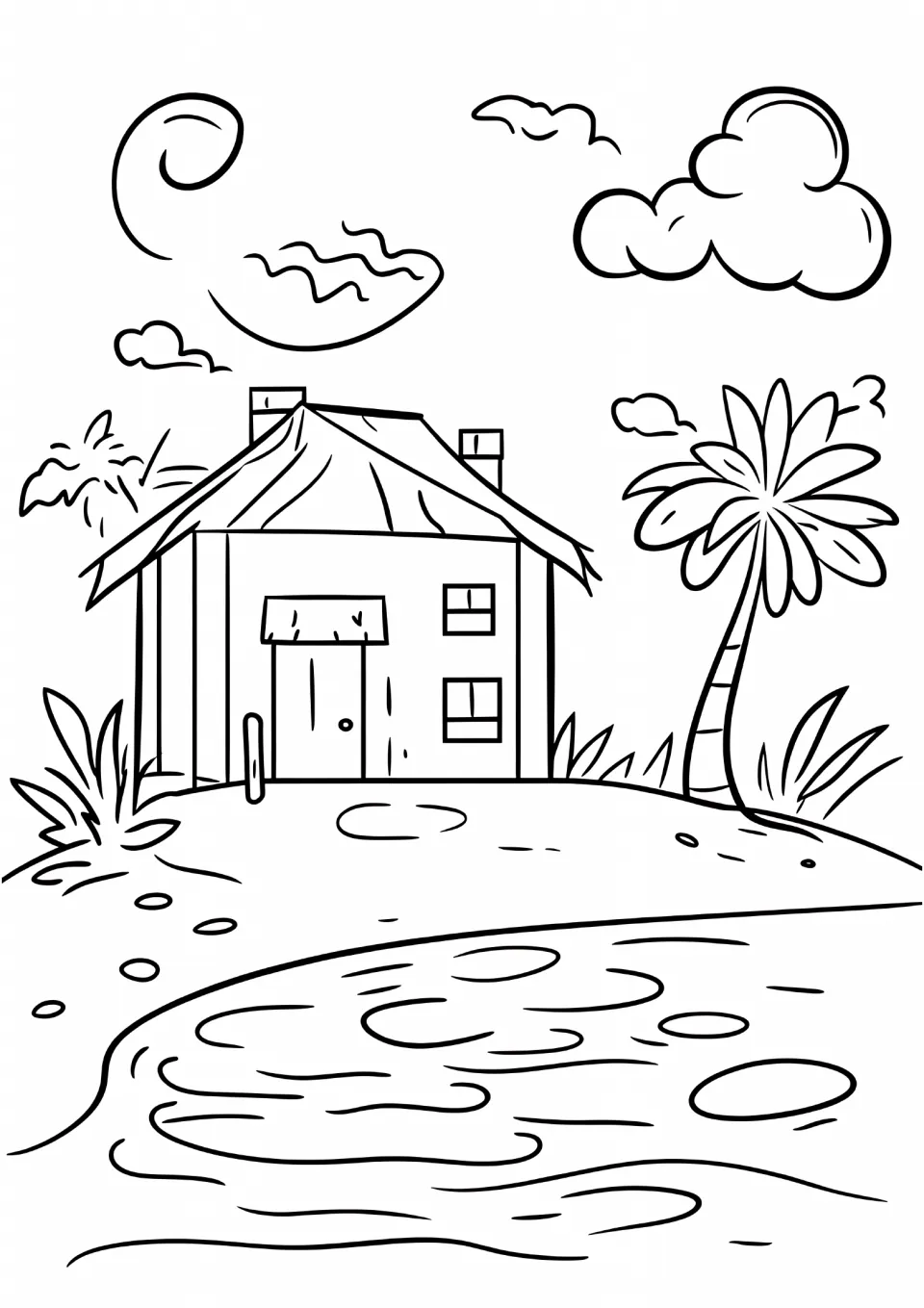 Seasonal coloring sheet featuring a shoreline house beside a palm tree, with clouds and rippling water