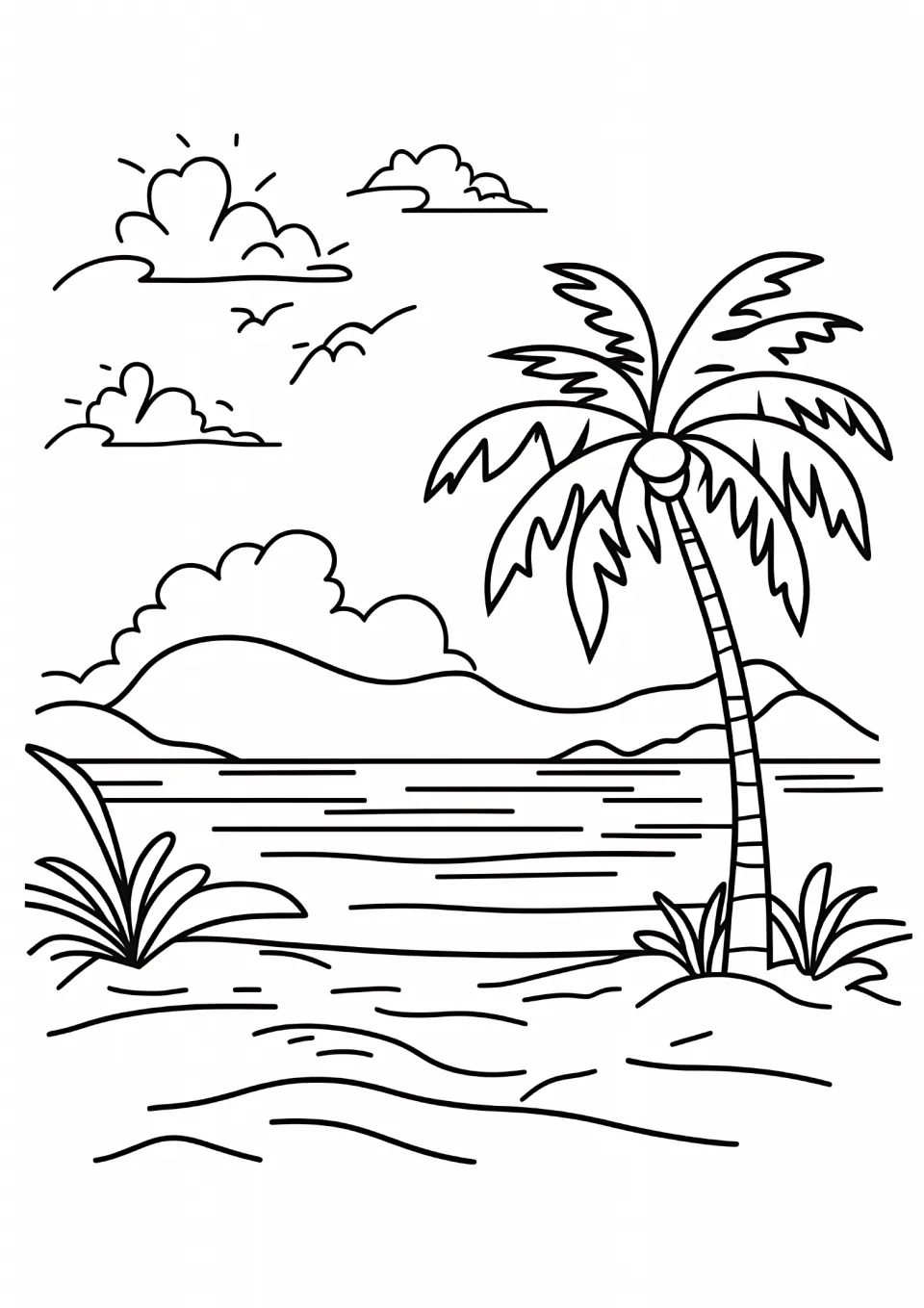 Seasonal coloring sheet featuring a leaning palm tree beside the water, distant hills, clouds, and birds