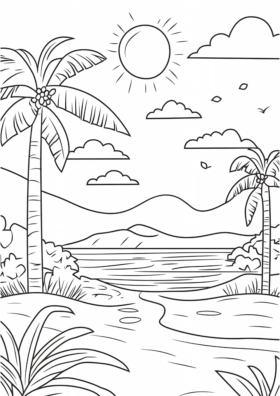 Seasonal coloring sheet featuring two palm trees framing a sunny bay, with distant hills and shore plants