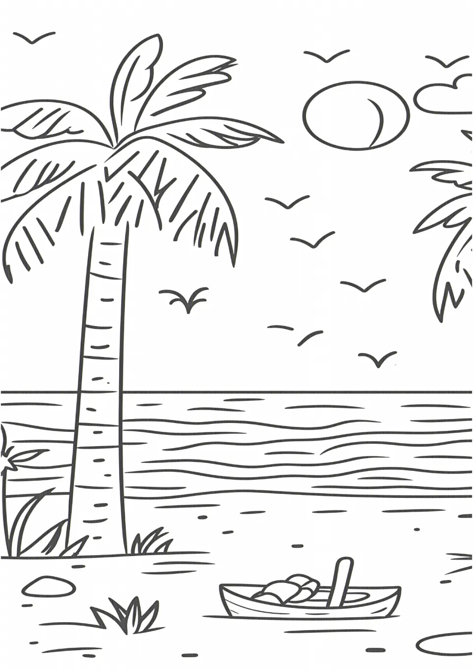 Seasonal coloring sheet featuring a small boat on the shore, a tall palm tree, water, and birds overhead